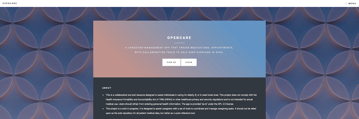 A screenshot of the landing page to OpenCare.onrender.com.